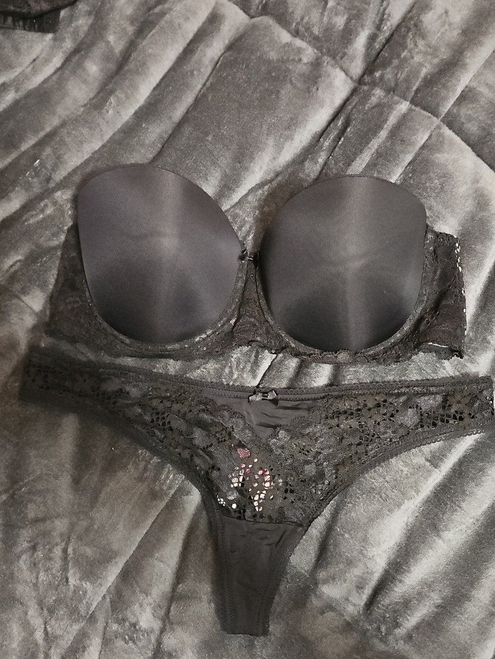 Adore Me Black Strapless Lace Bra and Thong Set